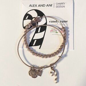 Alex and Ani Holiday Christmas Set of 2 Candy Cane Charm Rose Gold Bracelet